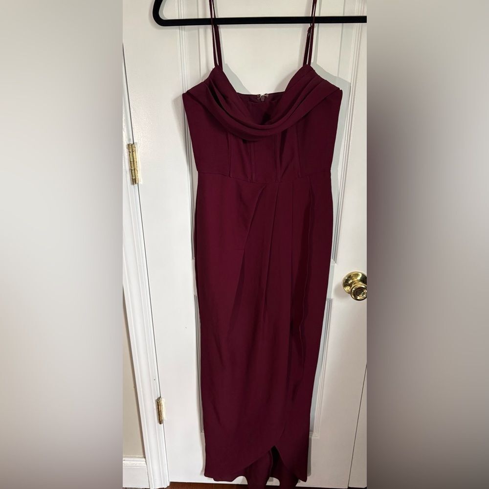 Showpo Burgundy Cowl Neck Midi Dress Wrap Hem Wedding Guest US 4 - Picture 4 of 4